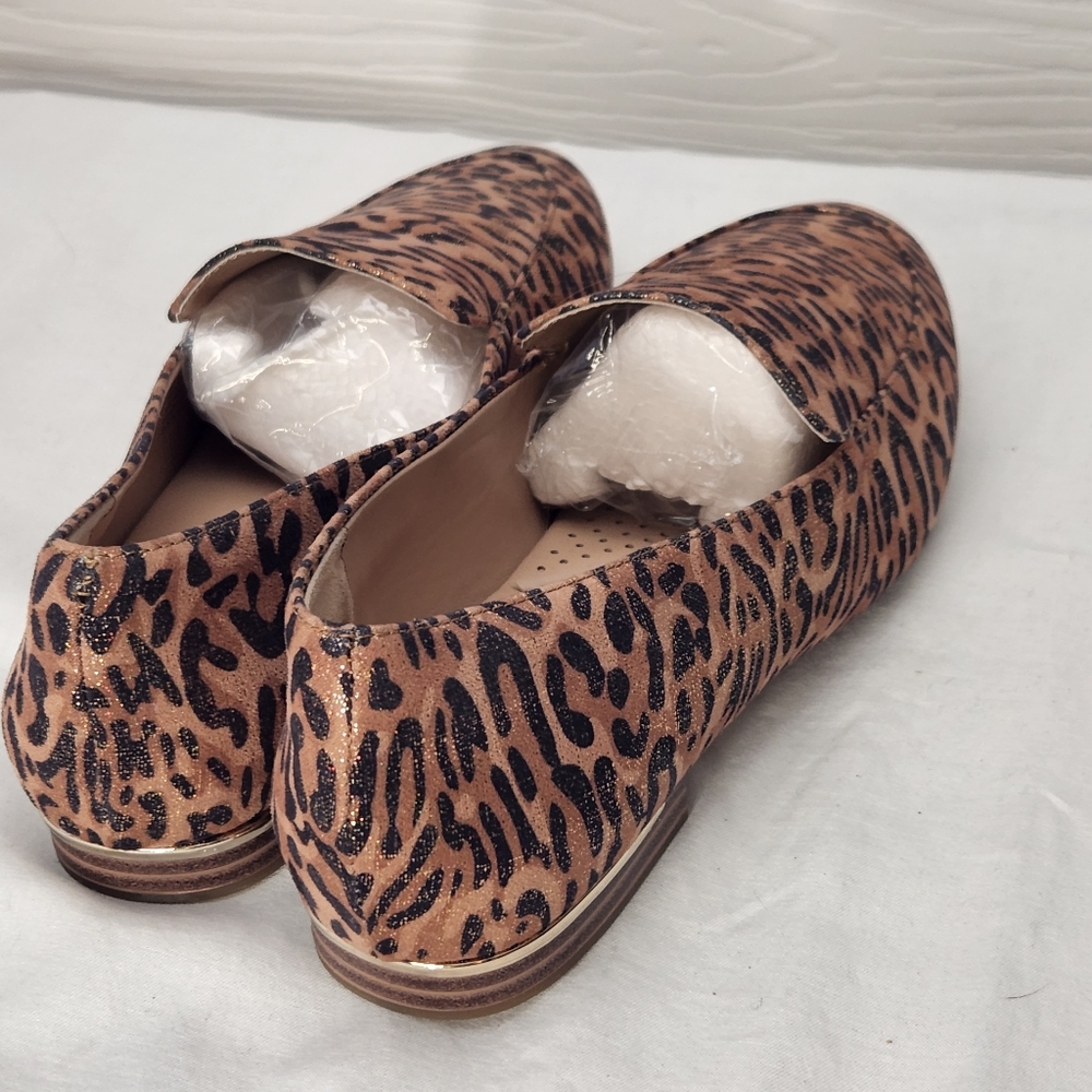 Alex Marie Barton New Gold Metallic Leopard Print Comfort Flat Loafers Sz 8 Cork - Picture 2 of 11